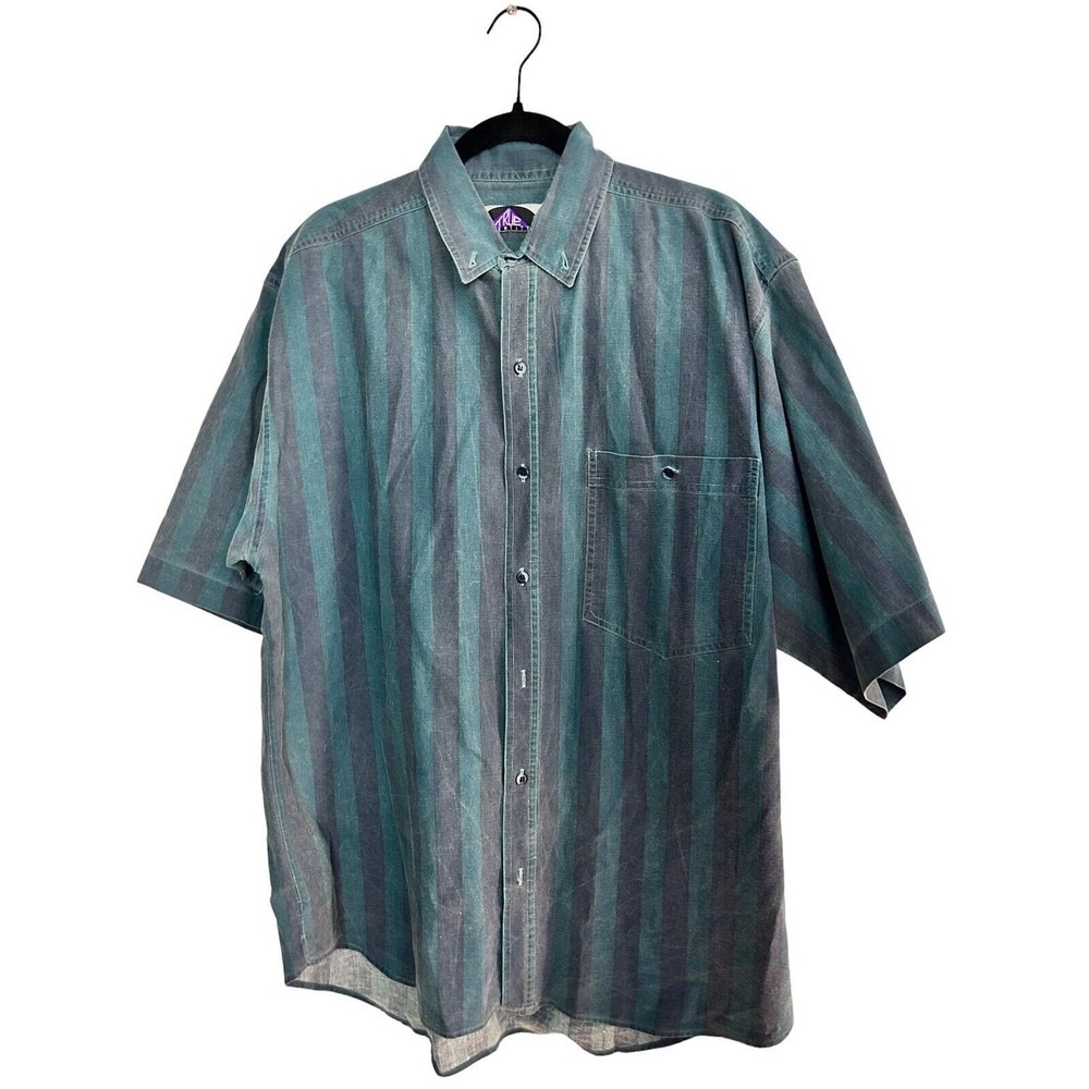 Vintage 90s TRUE IDENTITY Striped Blue Teal Short Sleeve‎ Button Up Large